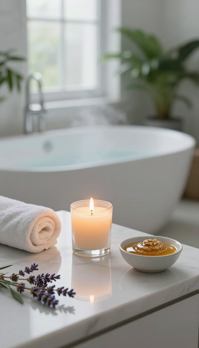 Cozy DIY spa night setup with candle, towel, and face mask ingredients near a bathtub