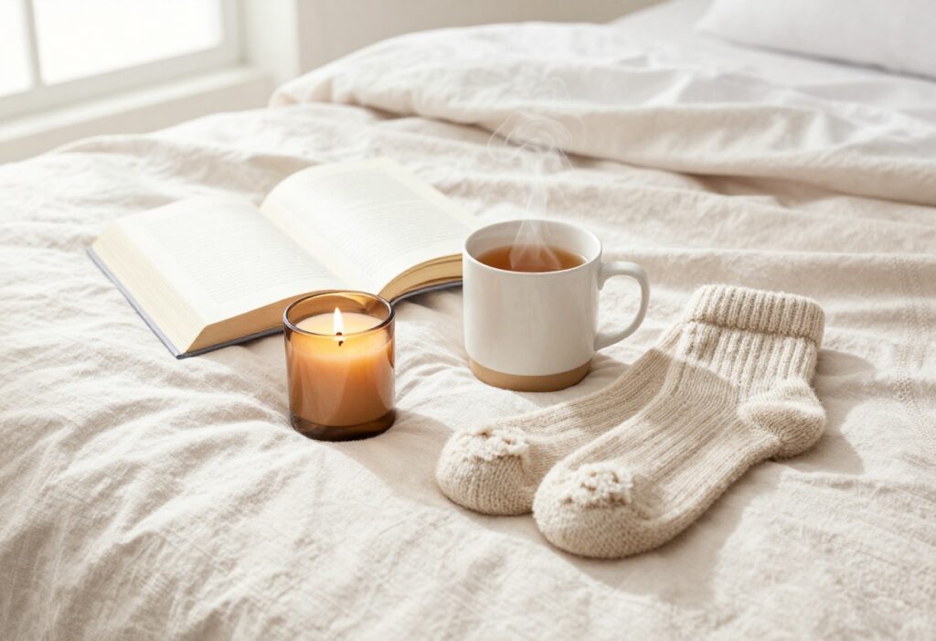 Self care basket with candle, book, tea, and cozy socks on a blanket