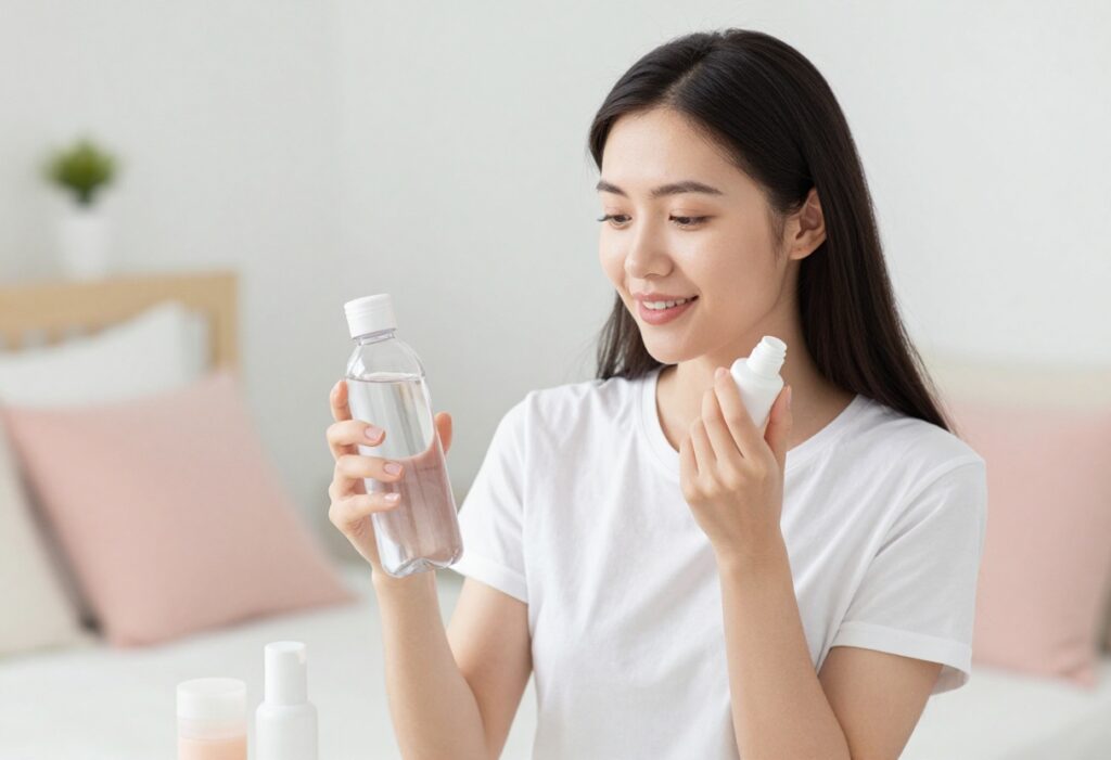 Woman with glowing skin holding water bottle and skincare product