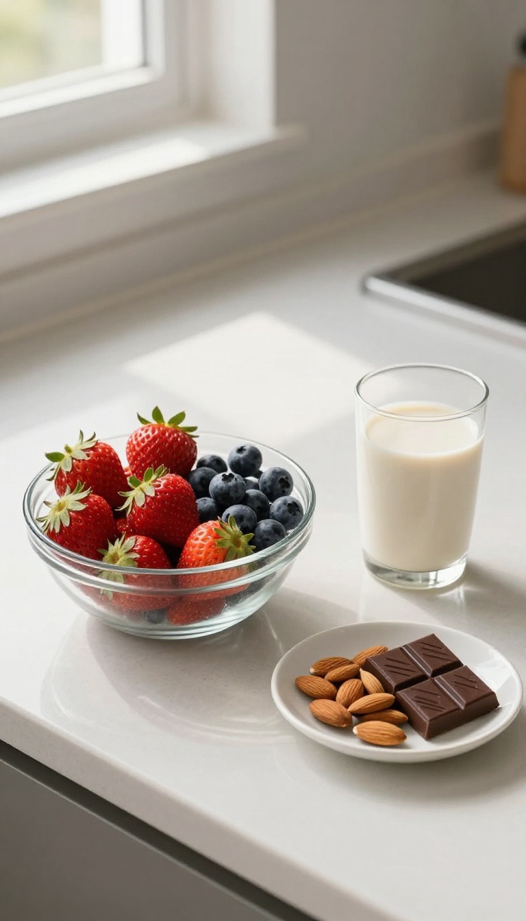 Healthy snacks and oat milk on a bright kitchen counter representing a sugar and dairy-free diet for clearer skin.