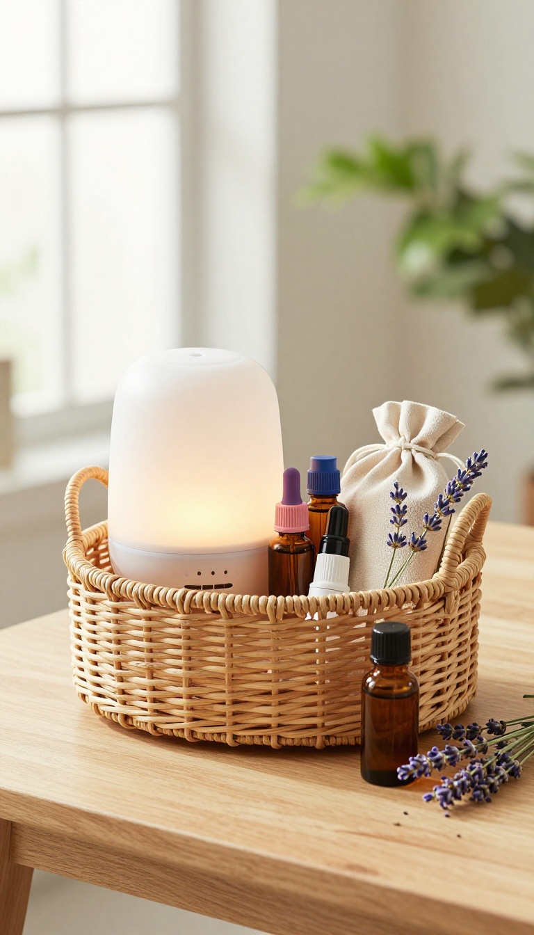 Aromatherapy self-care basket with diffuser and essential oils on a bright table