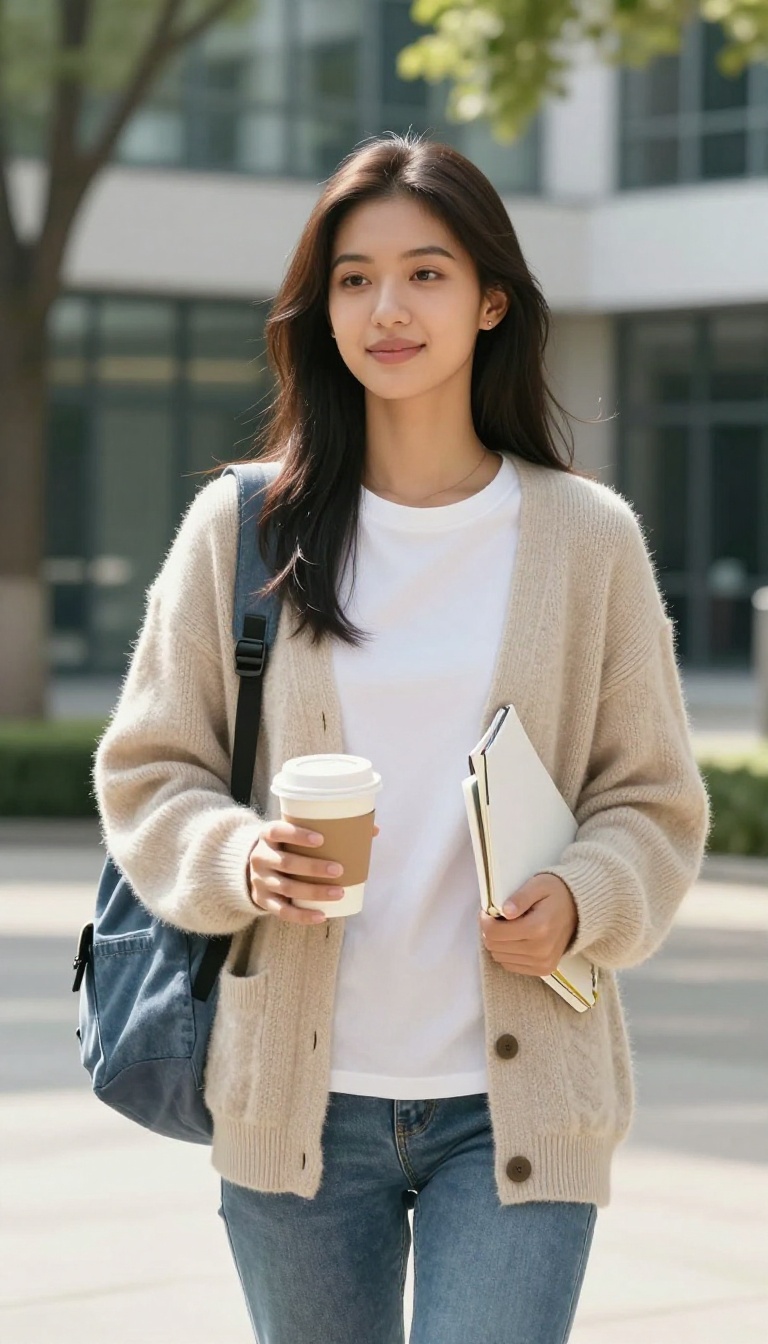 Student wearing layered outfit with cardigan and denim jacket in a sunny campus setting.