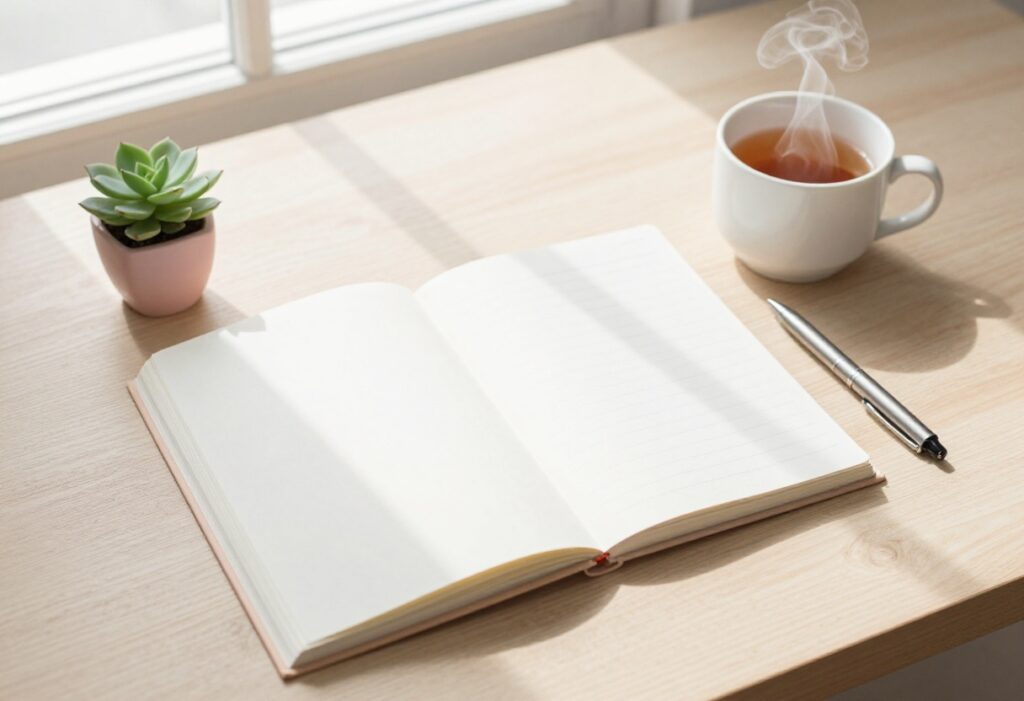 Open self-care planner with pen and tea on a bright desk