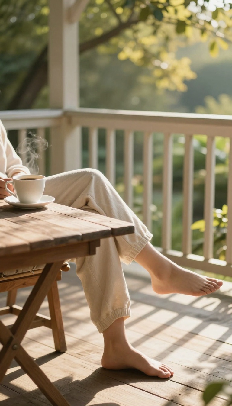 A person enjoying morning sunlight with coffee on a porch, symbolizing a healthy glow-up routine.