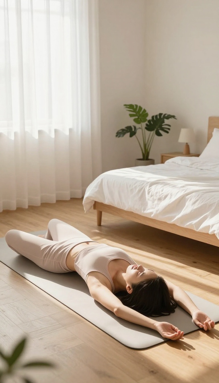 Person stretching in a bright bedroom in the morning