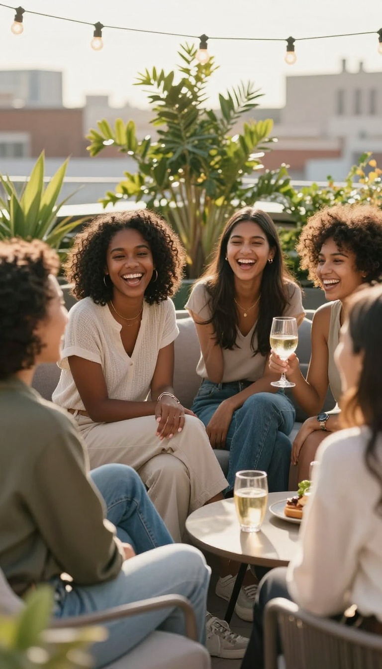 A group of diverse young women laughing and talking together on a sunny rooftop garden, surrounded by plants and string lights, representing a supportive and uplifting social circle.