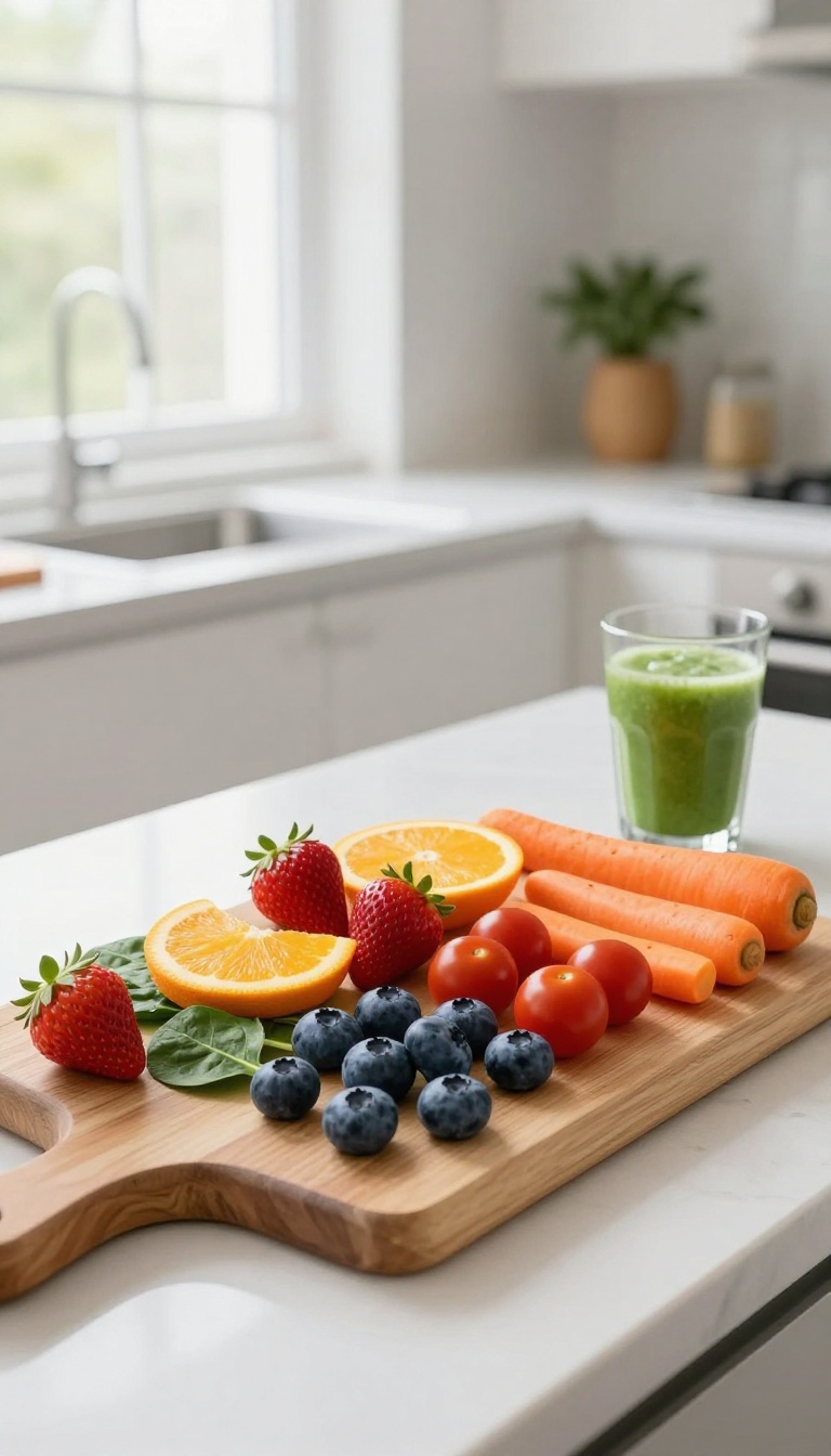 Fresh fruits and vegetables on a wooden cutting board with a green smoothie in a bright kitchen