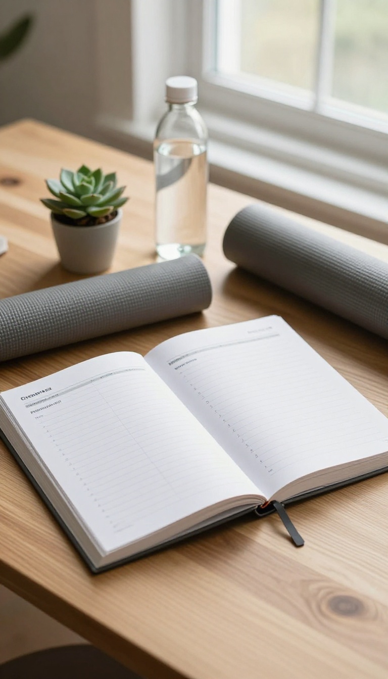 Open planner with movement log page, yoga mat, and water bottle on a bright desk