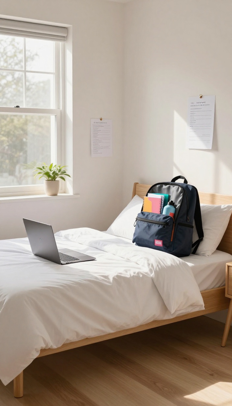 A neatly packed backpack on a chair beside a bed, with an outfit hanging on the closet door, in a bright, organized bedroom.