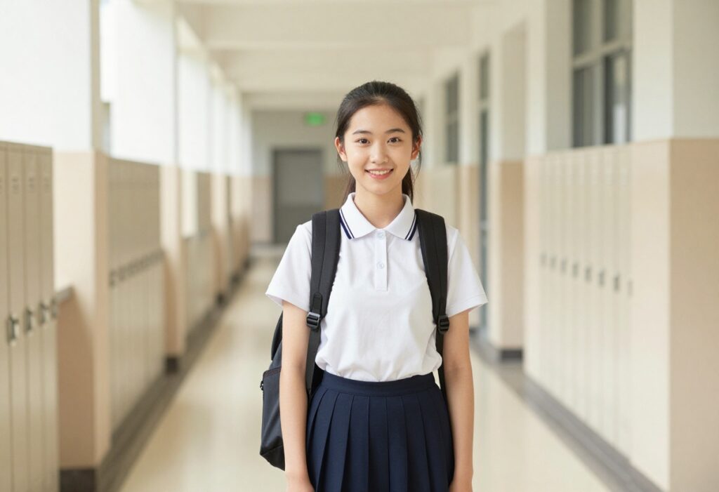 Student with a neat backpack and stylish outfit smiling in a school hallway