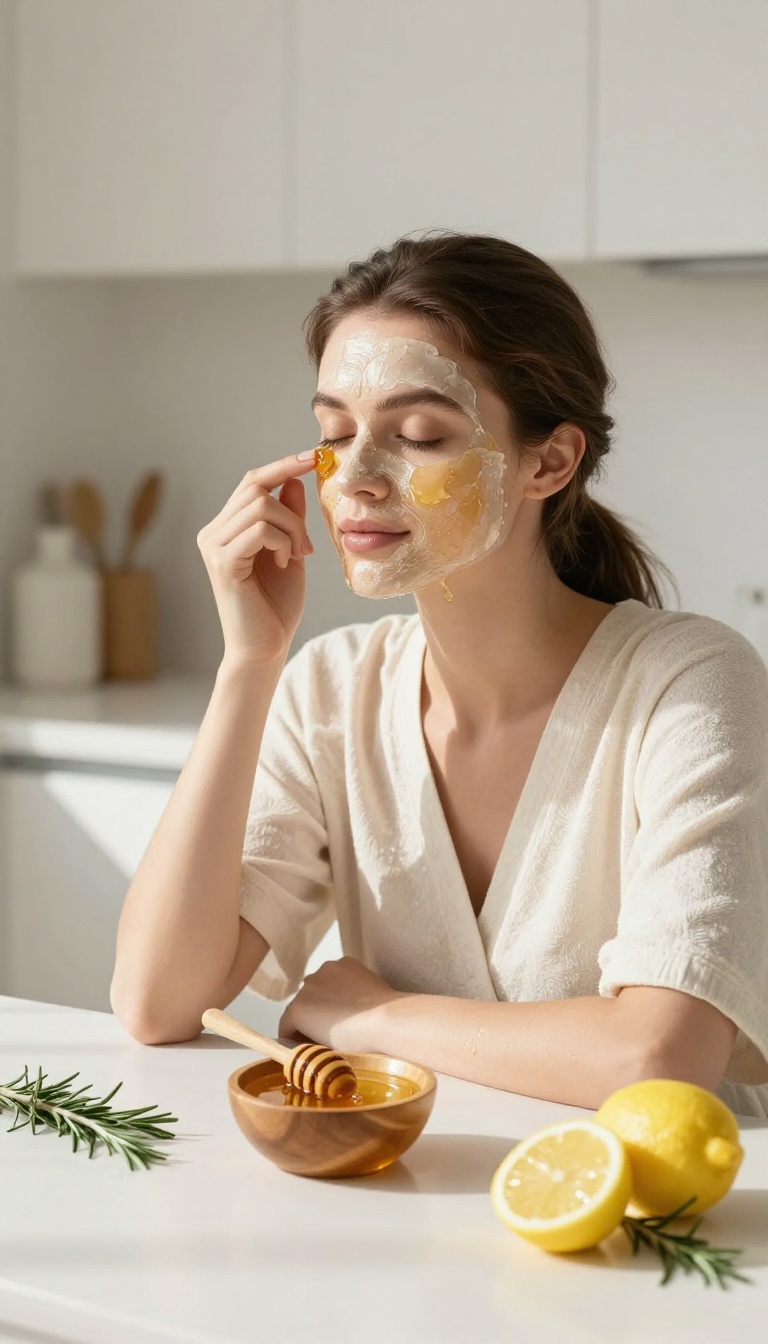 Woman applying honey face mask in bright kitchen with natural ingredients