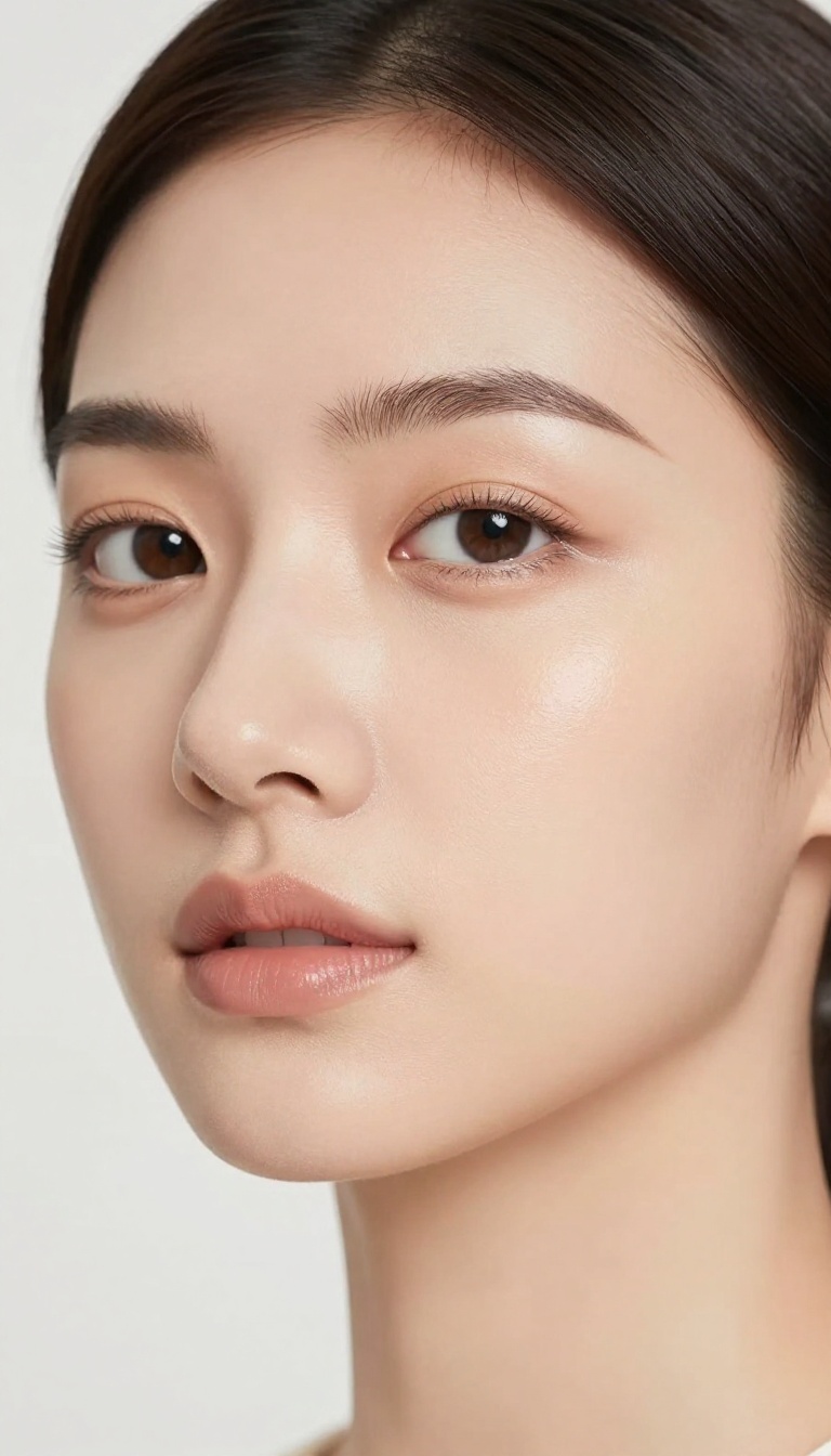 Woman with dewy glowing makeup base, highlighting cheekbones and nose, soft luminous finish