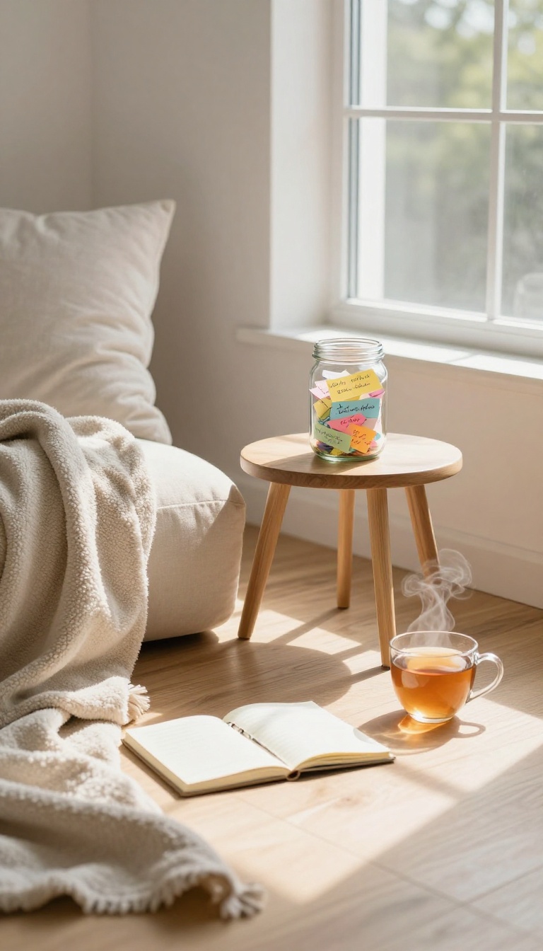 A glass jar filled with handwritten notes on a wooden table in a bright, cozy room, symbolizing celebrating progress and small wins.