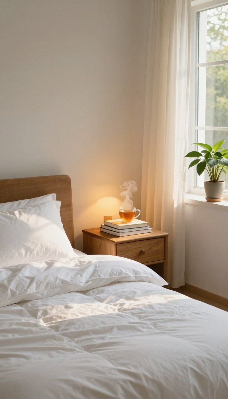 Cozy bedroom with a neatly made bed and soft morning light, representing a peaceful sleep environment for a student glow up