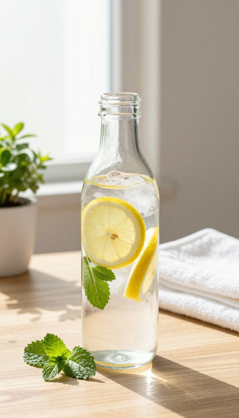 Glass water bottle with lemon and mint on a wooden desk in natural light