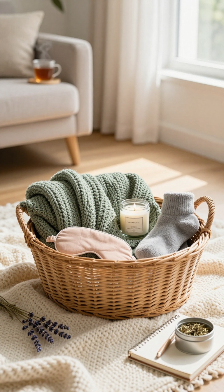 Cozy self-care basket with weighted blanket, socks, candle, tea, and journal on a blanket.