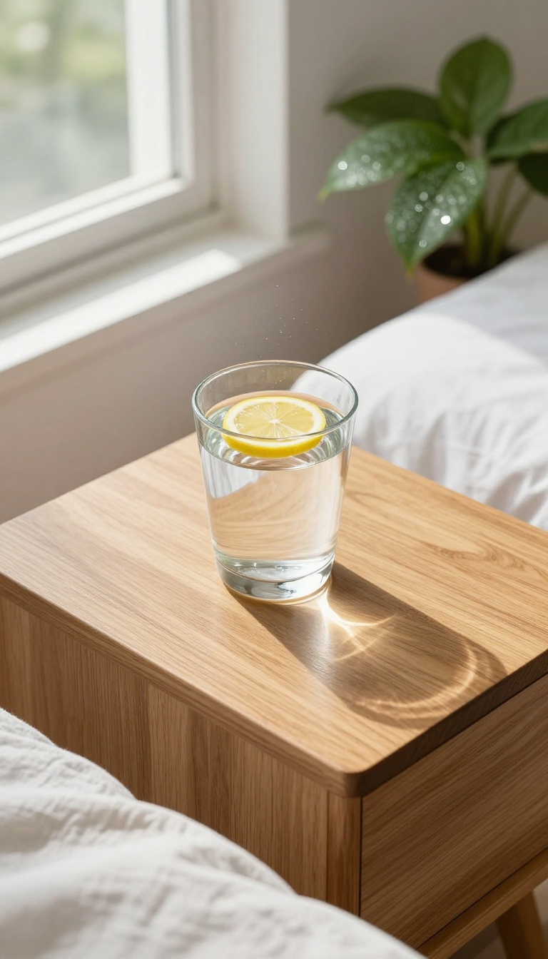A glass of lemon water on a nightstand in bright morning light