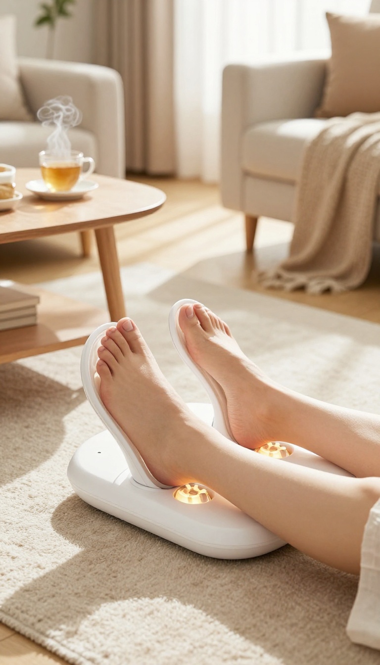 A person using a foot massager in a bright, cozy living room