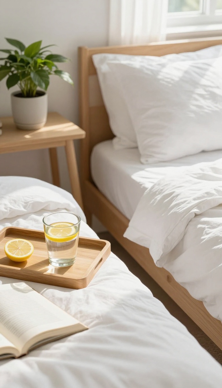 A glass of water with lemon on a bedside table in a bright, airy bedroom, symbolizing a healthy morning hydration habit.