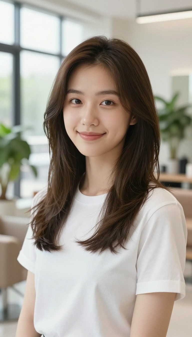 Woman with a flattering face-framing hairstyle in a bright salon
