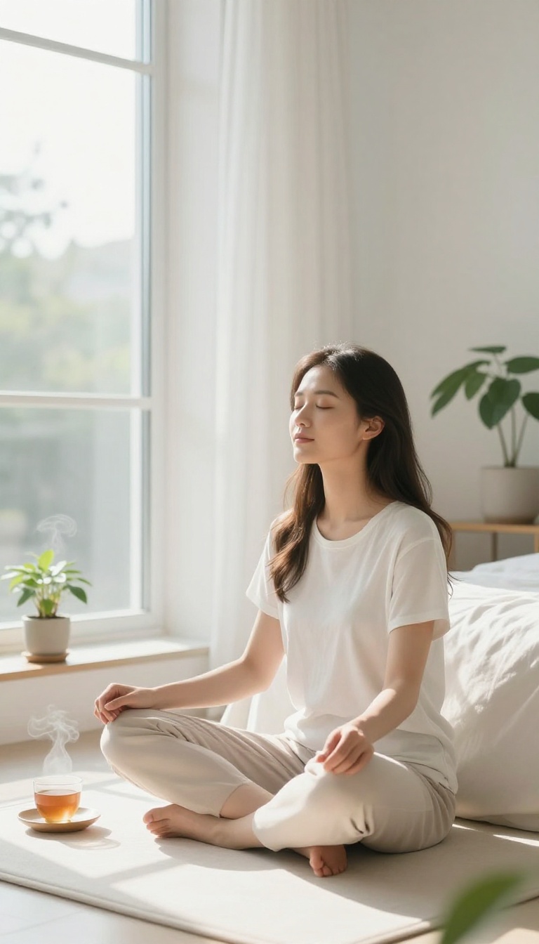 Woman meditating in a bright room with glowing skin