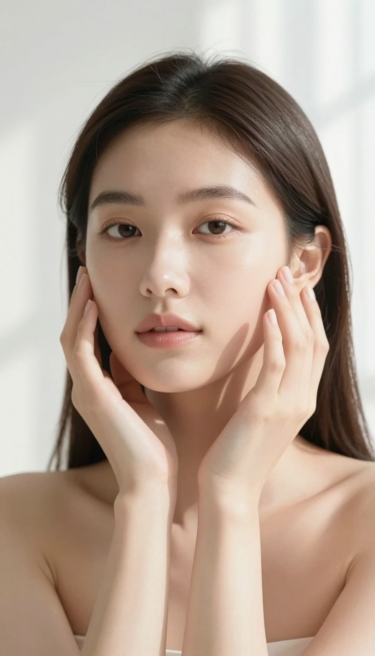 Woman gently touching her glowing, exfoliated skin in soft natural light