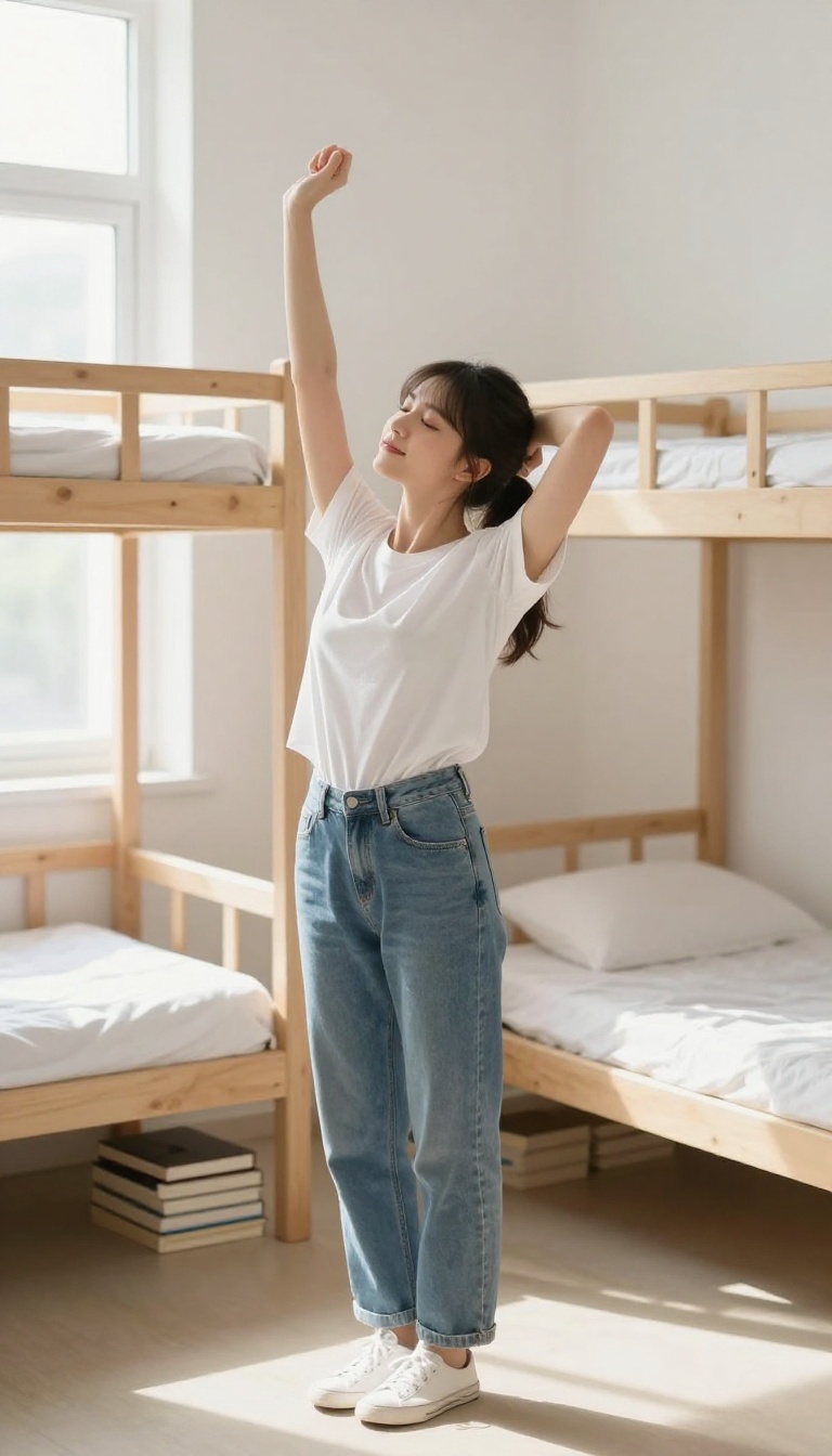 Student stretching neck and shoulders in a bright dorm room