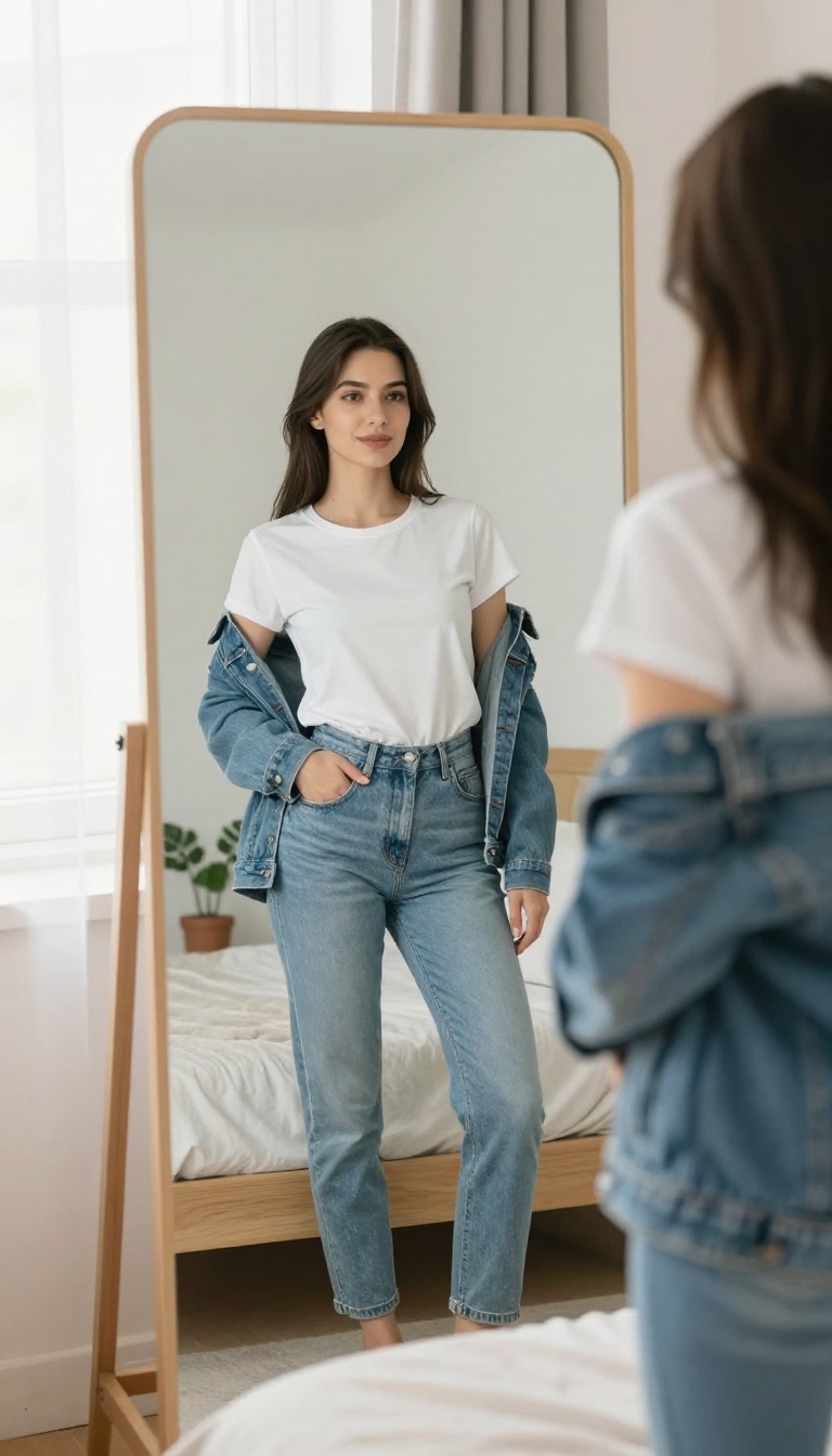 Confident woman in casual outfit looking in mirror in bright bedroom