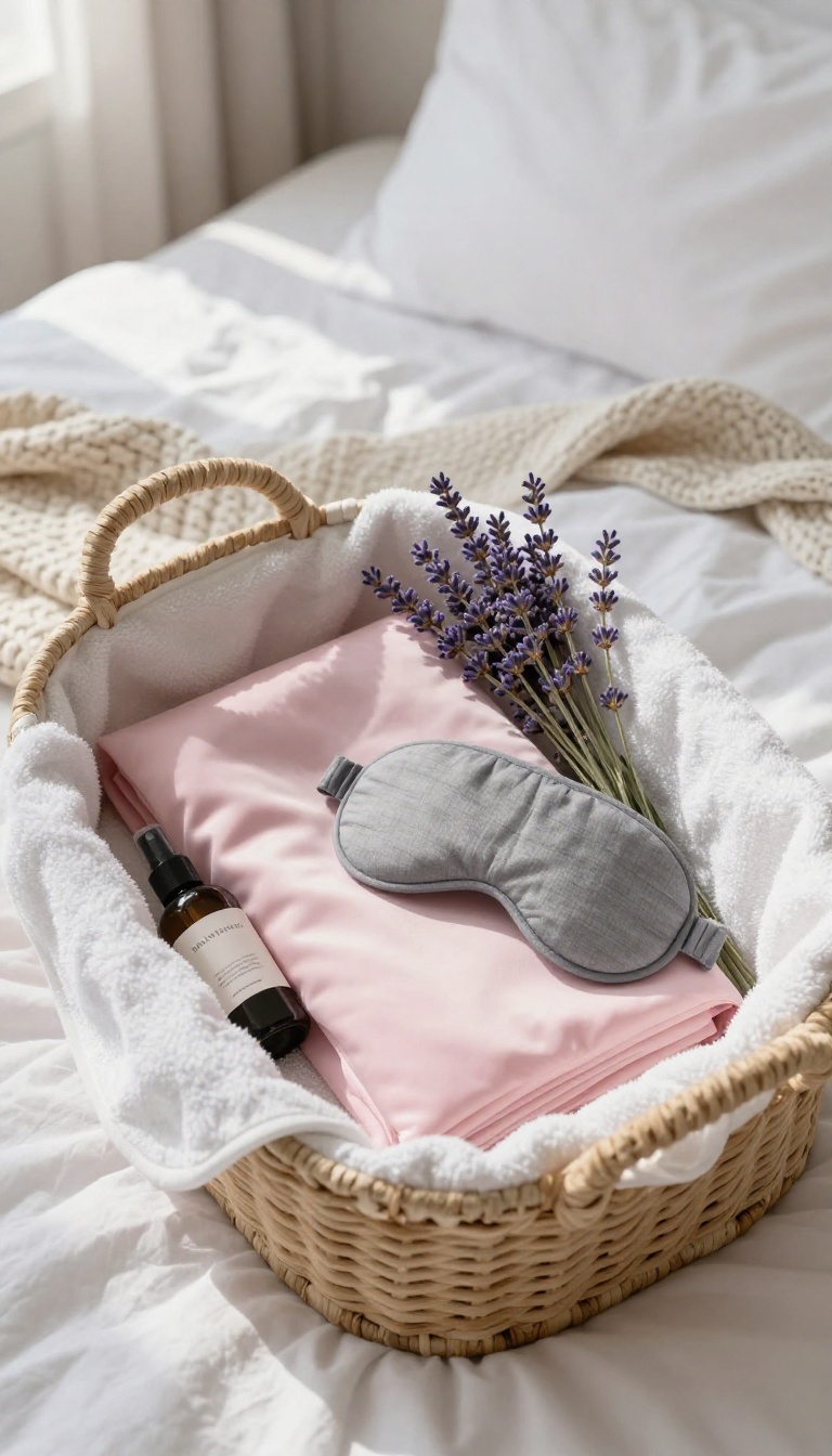 Self-care basket with silk pillowcase, lavender spray, and weighted sleep mask on a bed