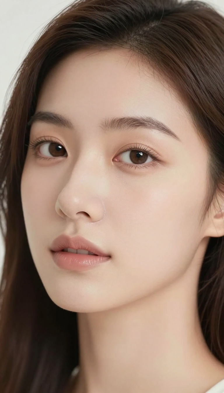 Close-up of a woman with soft, blurred, glowing skin, showcasing a flawless makeup finish.
