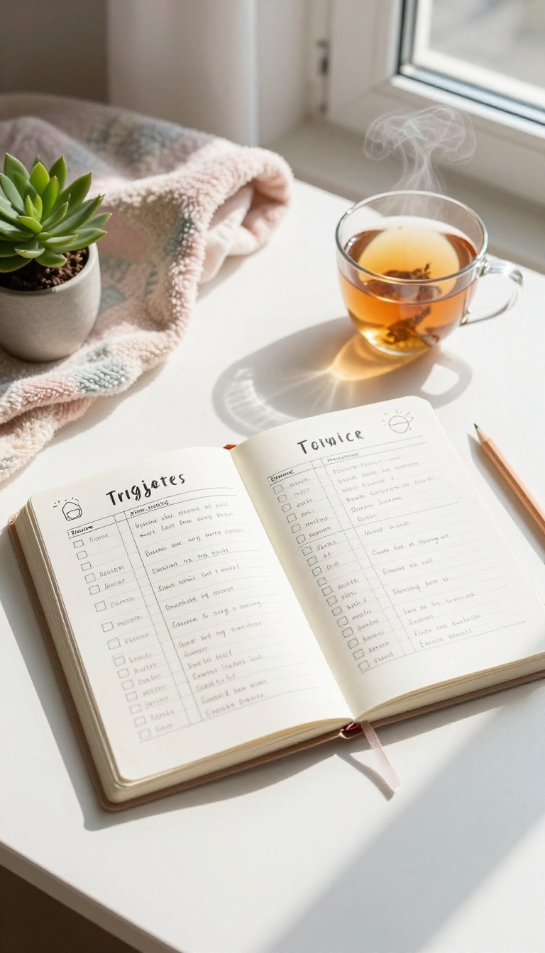 A flat lay of a self-care journal with a stress trigger tracker page, surrounded by a tea cup, plant, and pencil on a bright desk.