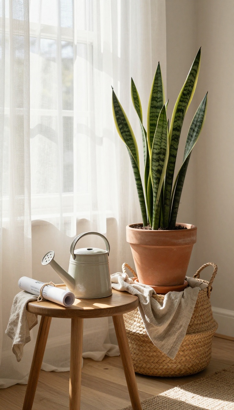 Self care basket with a snake plant in a terracotta pot, watering can, and care guide on a wooden table in a bright room