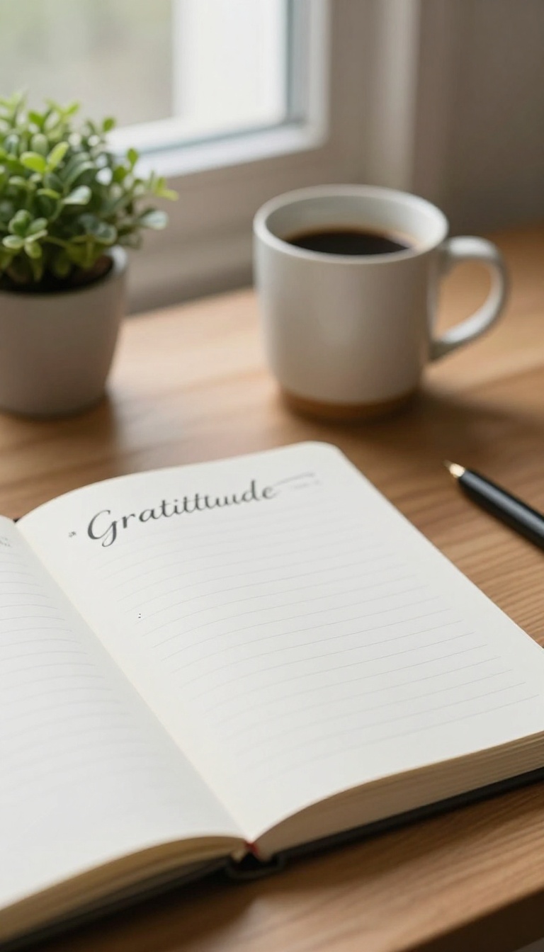 A gratitude log page in a planner on a wooden desk, with coffee and a plant nearby, bathed in natural light.