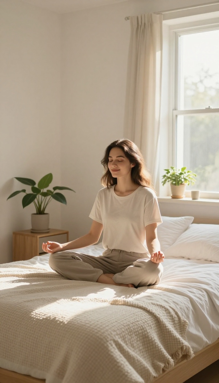 Woman meditating in a sunlit minimalist bedroom, embodying a positive inner voice and self-acceptance.