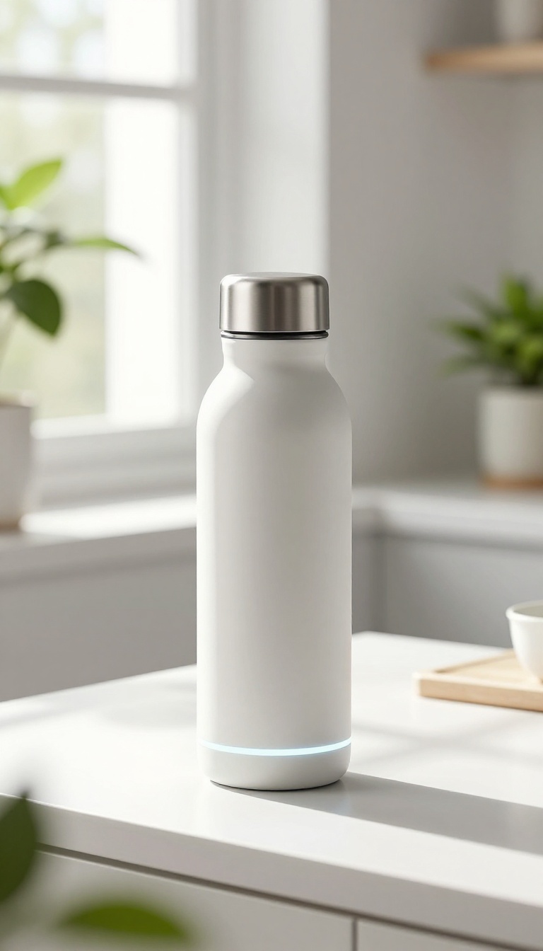 A minimalist smart water bottle with a glowing ring on a bright kitchen counter, surrounded by greenery, representing effortless hydration.