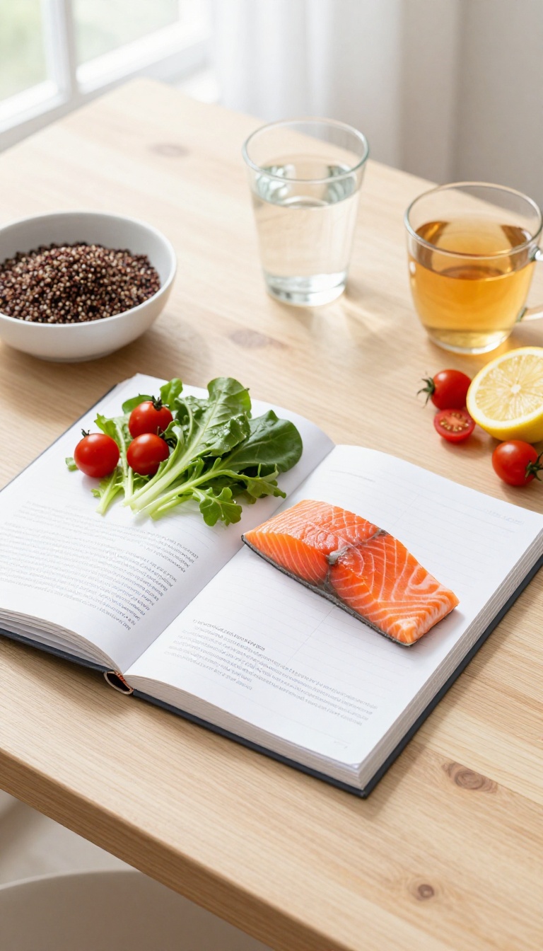 Meal planning scene with fresh ingredients and a blank planner on a wooden table