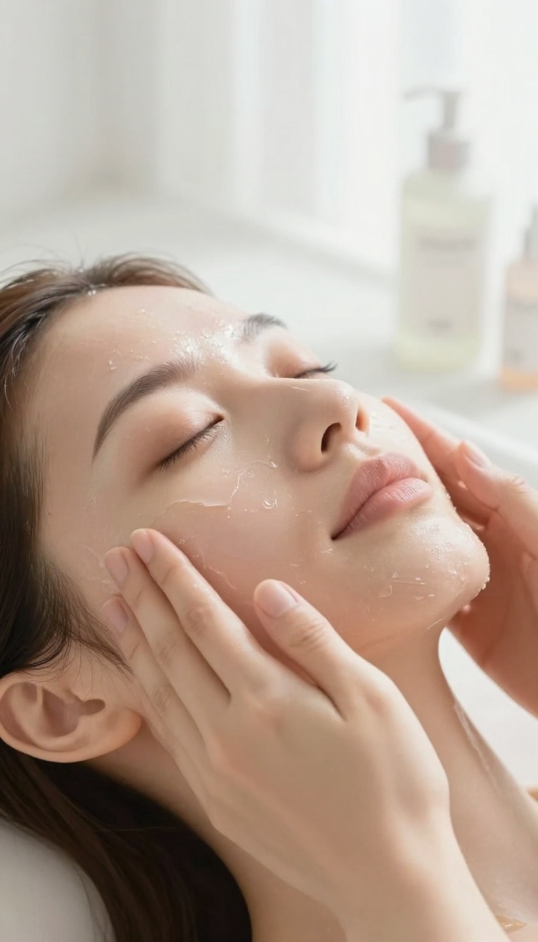 Woman double cleansing her face with oil-based cleanser in a bright bathroom