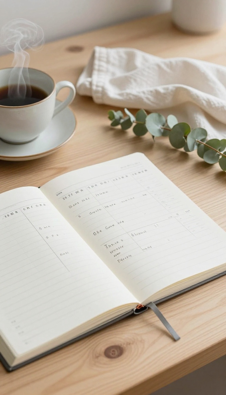 A monthly self-care review planner page on a desk with tea and eucalyptus