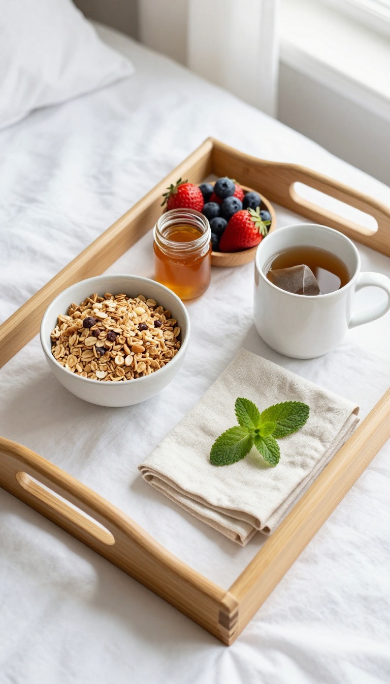 A breakfast-in-bed tray with granola, honey, berries, and tea on a bamboo tray over white bedding.