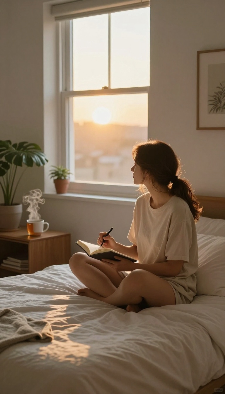 Woman reflecting in a journal by a window at sunset, cozy bedroom setting