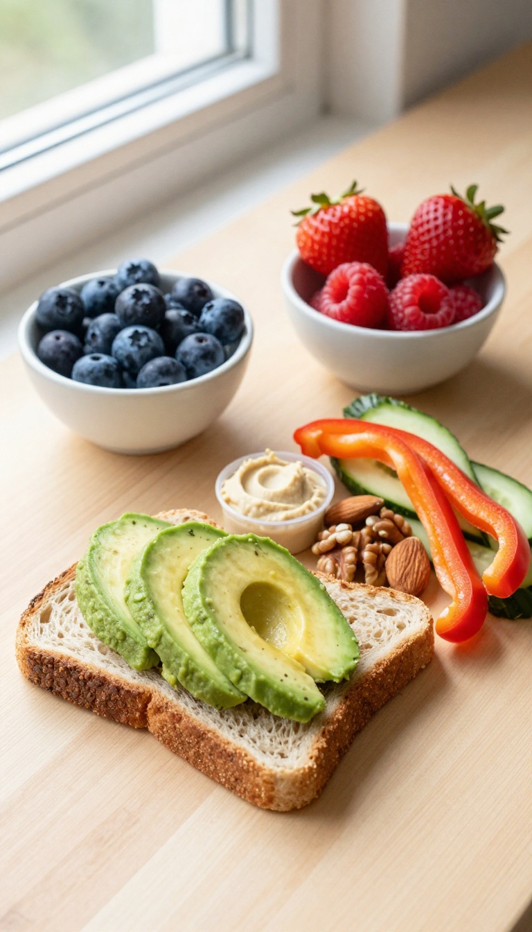 Healthy snacks for glowing skin including berries, avocado toast, nuts, and veggies with hummus on a bright table.