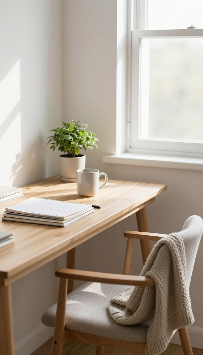 A tidy, sunlit desk with organized items and a plant, representing a quick five-minute space reset for a calm mind