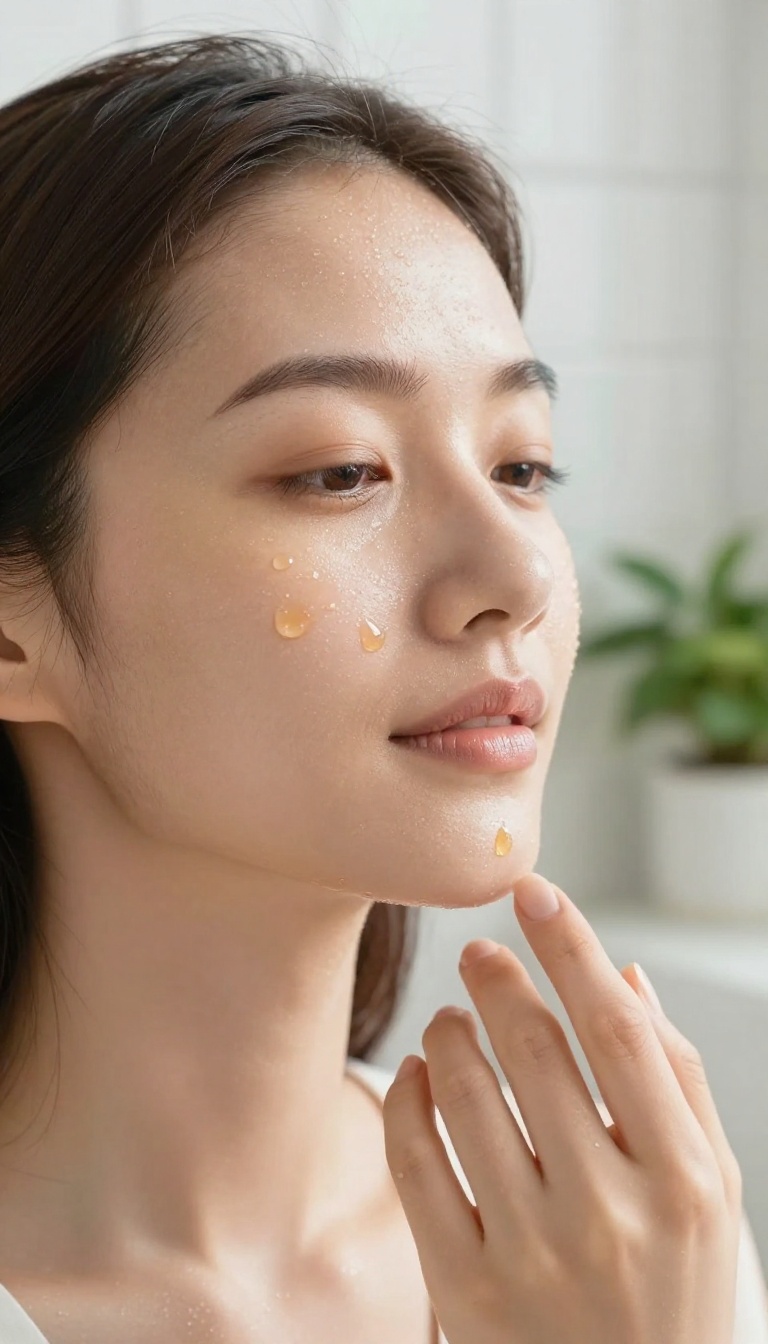 Woman applying vitamin C serum to her face in the morning, with a radiant, glowing complexion.