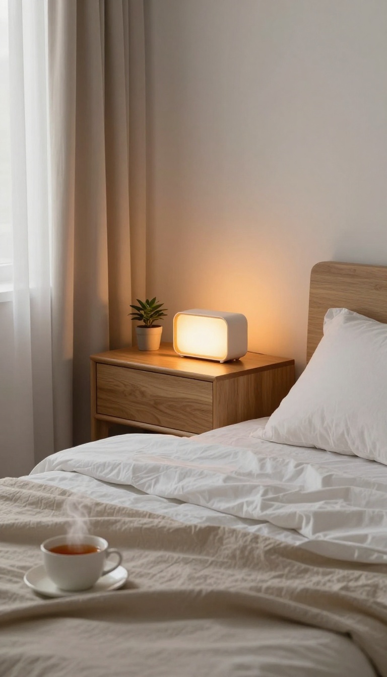 Sunrise alarm clock on a nightstand in a bright, peaceful bedroom