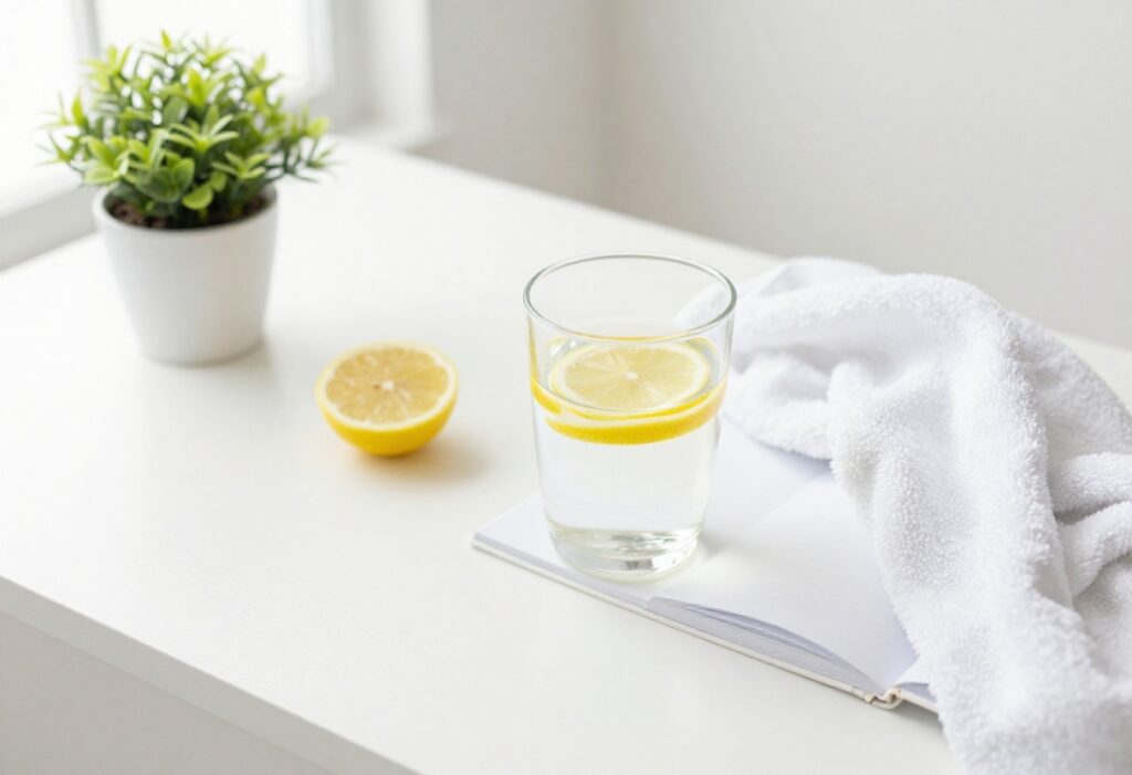 Flat-lay of journal, water with lemon, plant, and towel for a glow up challenge