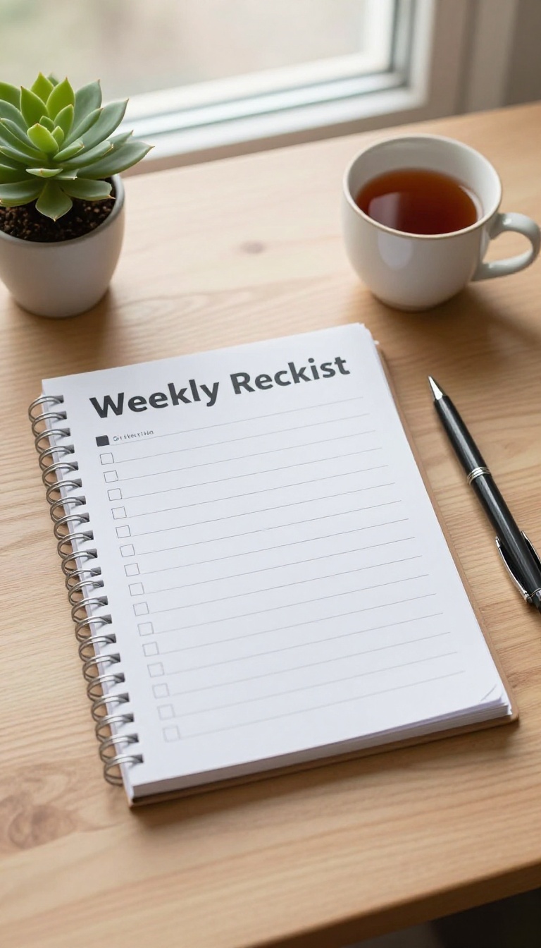 Weekly reset checklist planner on a desk with tea and plant