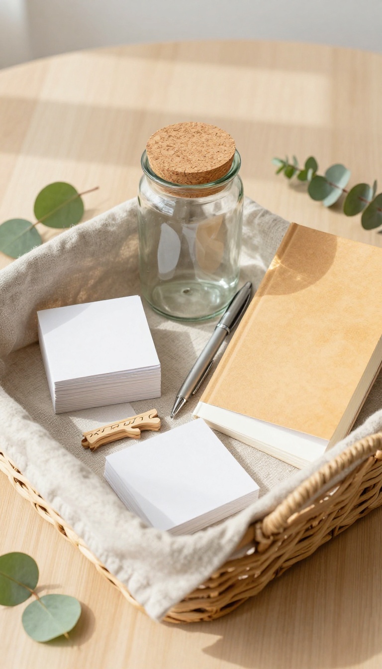 A gratitude-themed self-care basket with a jar, notecards, book, and affirmation cards on a wooden table.