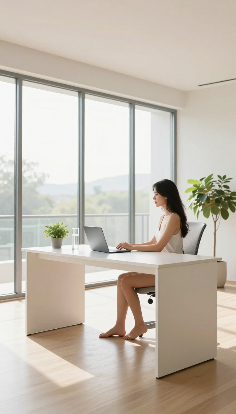 Woman sitting with good posture at a bright desk, natural light, minimalist decor, self-care vibe.
