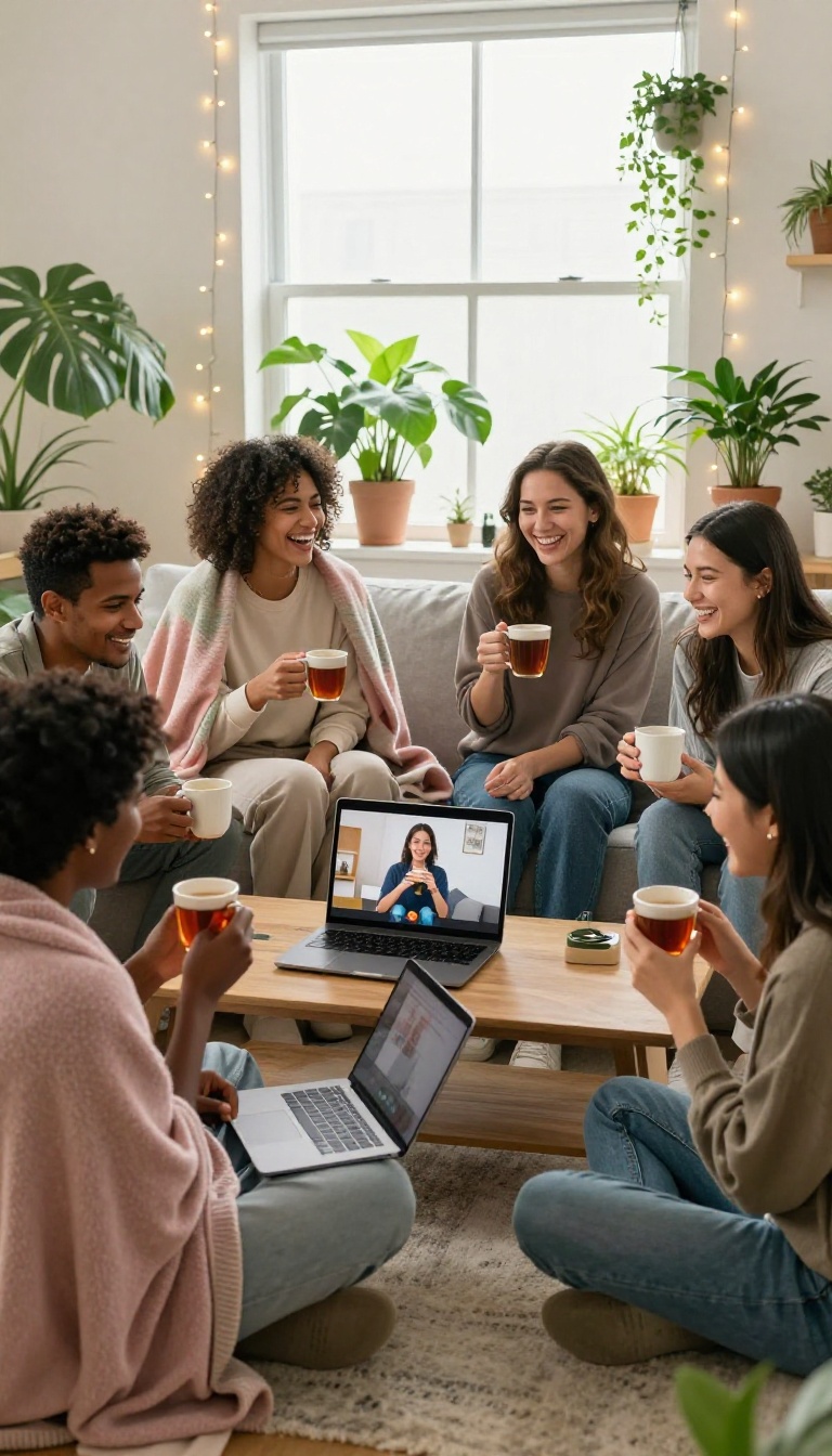 Friends supporting each other on a couch, laughing and talking, with a video call on a laptop, cozy and warm atmosphere