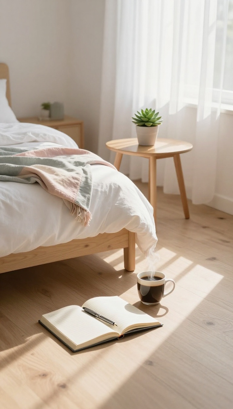 A cozy bedroom with a journal, pen, coffee, and plant on a bedside table in soft morning light, symbolizing a gratitude practice.